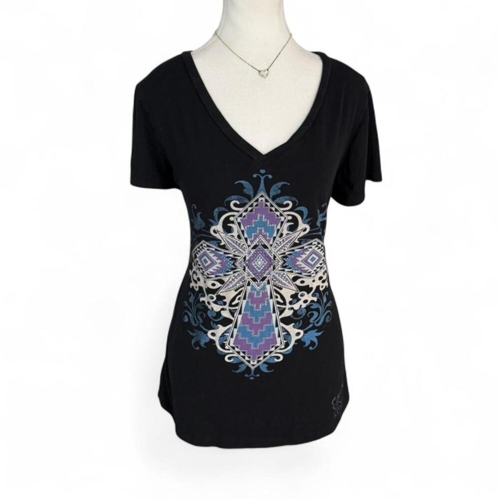 Katydid Alt Grunge Y2K Mcbling Styled Emo Short Sleeve V Neck Top Cotton Large